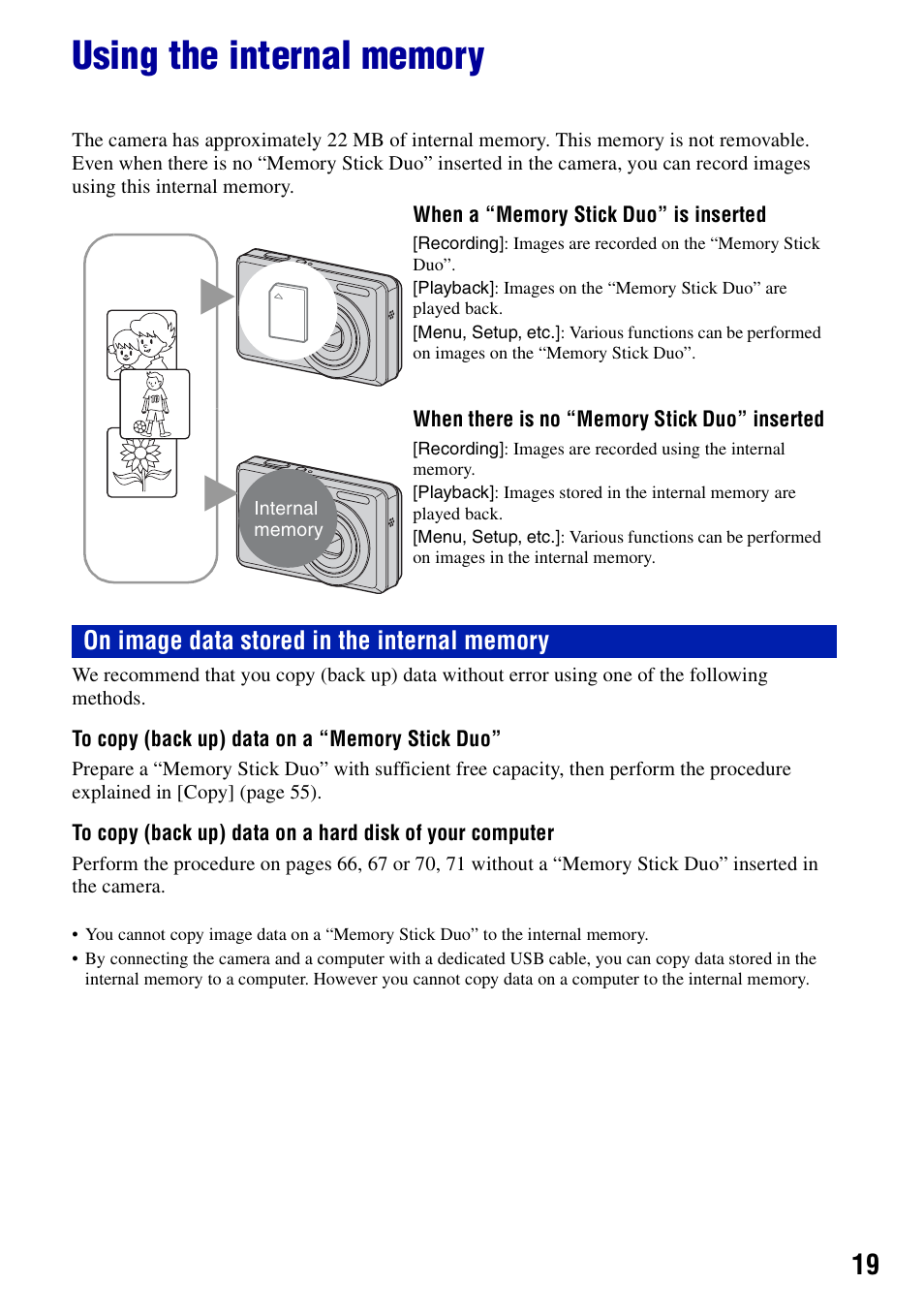 Using the internal memory | Sony DSC-S780 User Manual | Page 19 / 102