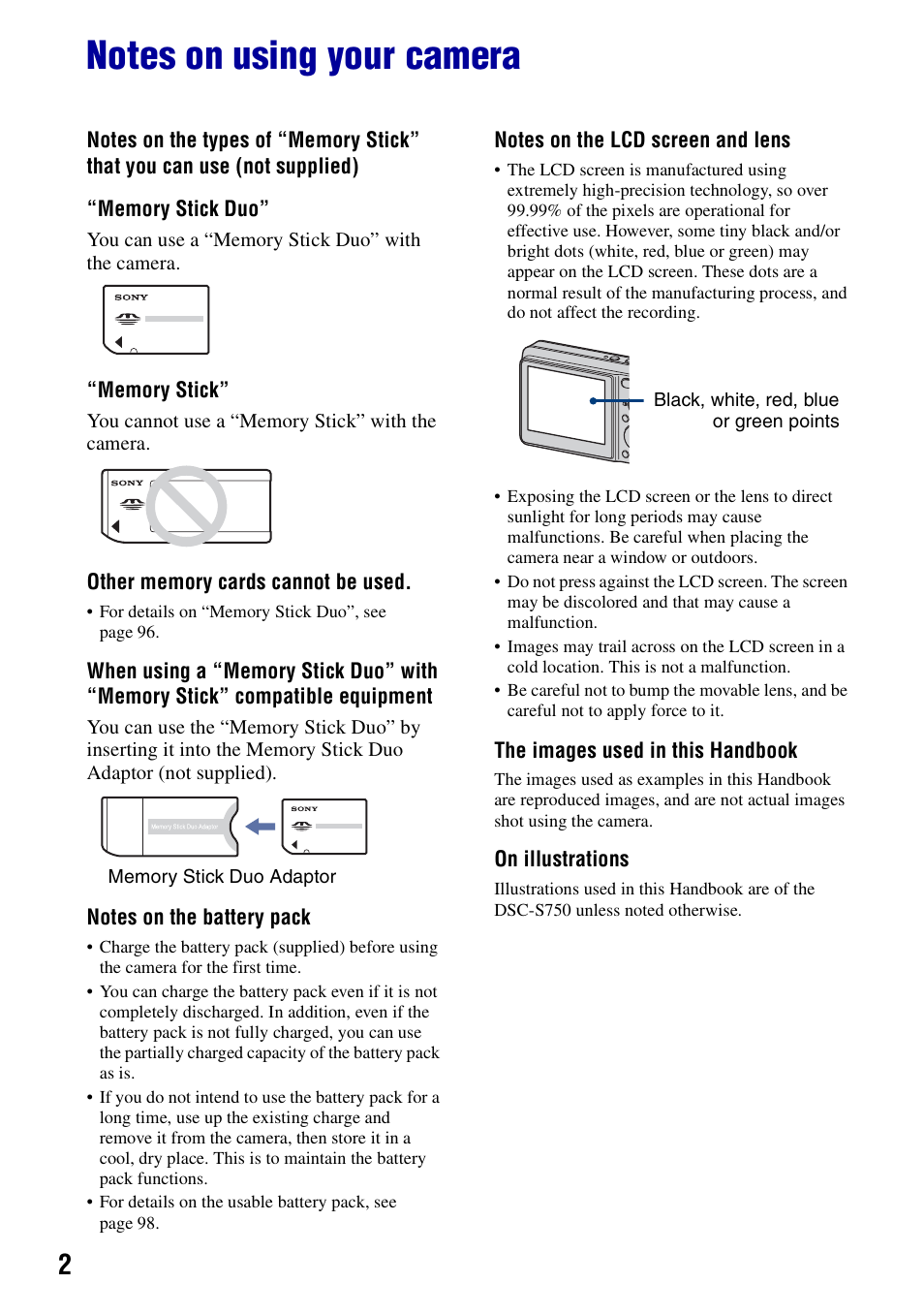 Notes on using your camera | Sony DSC-S780 User Manual | Page 2 / 102