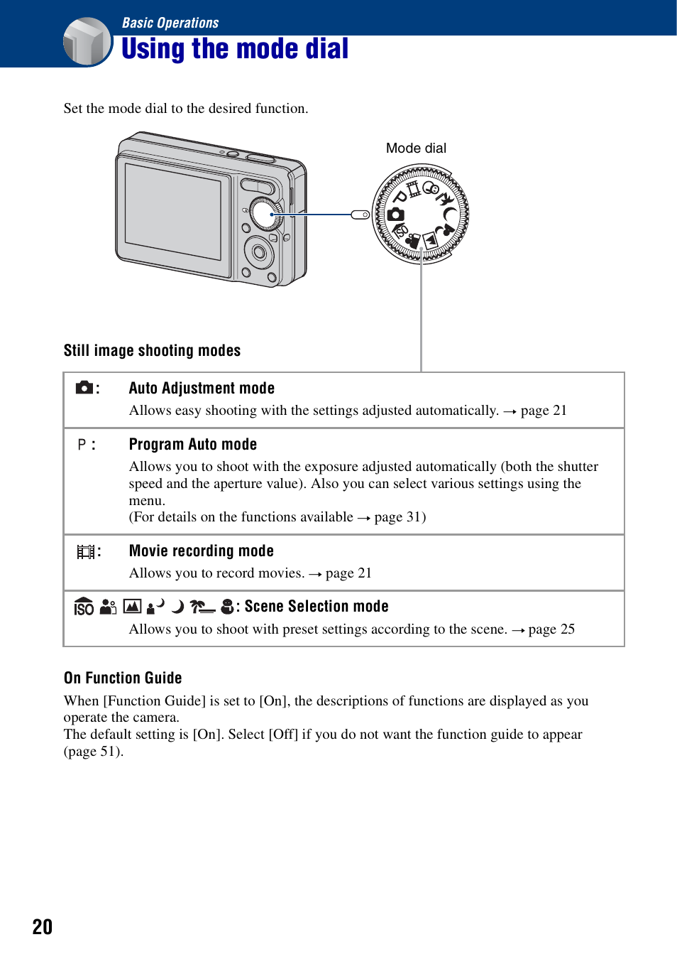 Basic operations, Using the mode dial | Sony DSC-S780 User Manual | Page 20 / 102