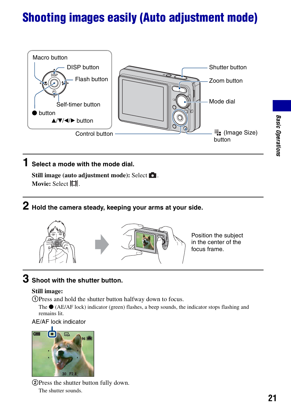 Shooting images easily (auto adjustment mode) | Sony DSC-S780 User Manual | Page 21 / 102
