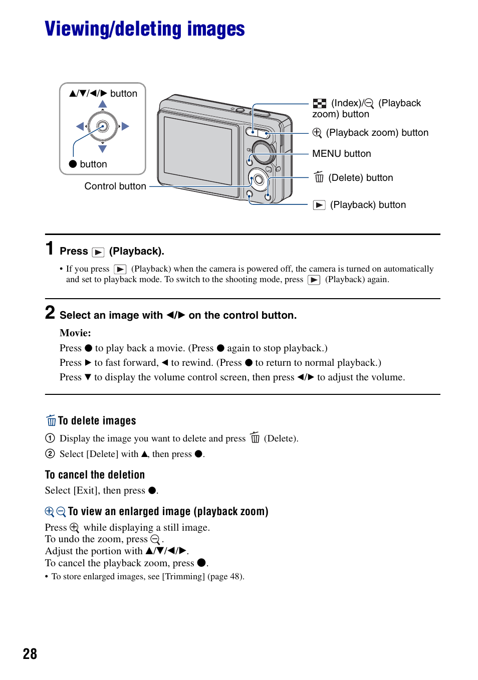 Viewing/deleting images, On (28) | Sony DSC-S780 User Manual | Page 28 / 102