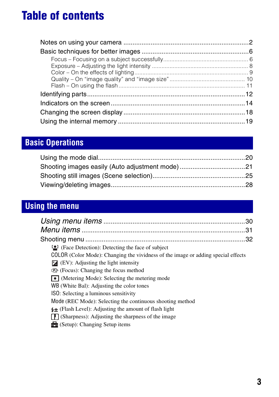 Sony DSC-S780 User Manual | Page 3 / 102