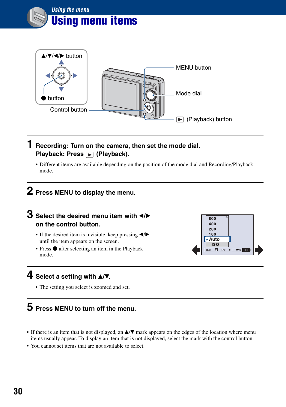 Using the menu, Using menu items, Nu (30) | Sony DSC-S780 User Manual | Page 30 / 102
