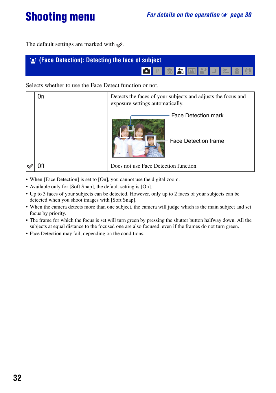 Shooting menu, Face detection: detecting the face of subject, Face detection): detecting the face of subject | Sony DSC-S780 User Manual | Page 32 / 102