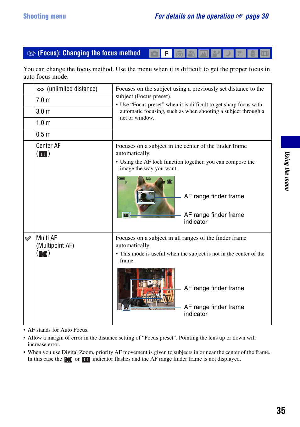 Focus: changing the focus method, Focus): changing the focus method, Ce (35) | Sony DSC-S780 User Manual | Page 35 / 102