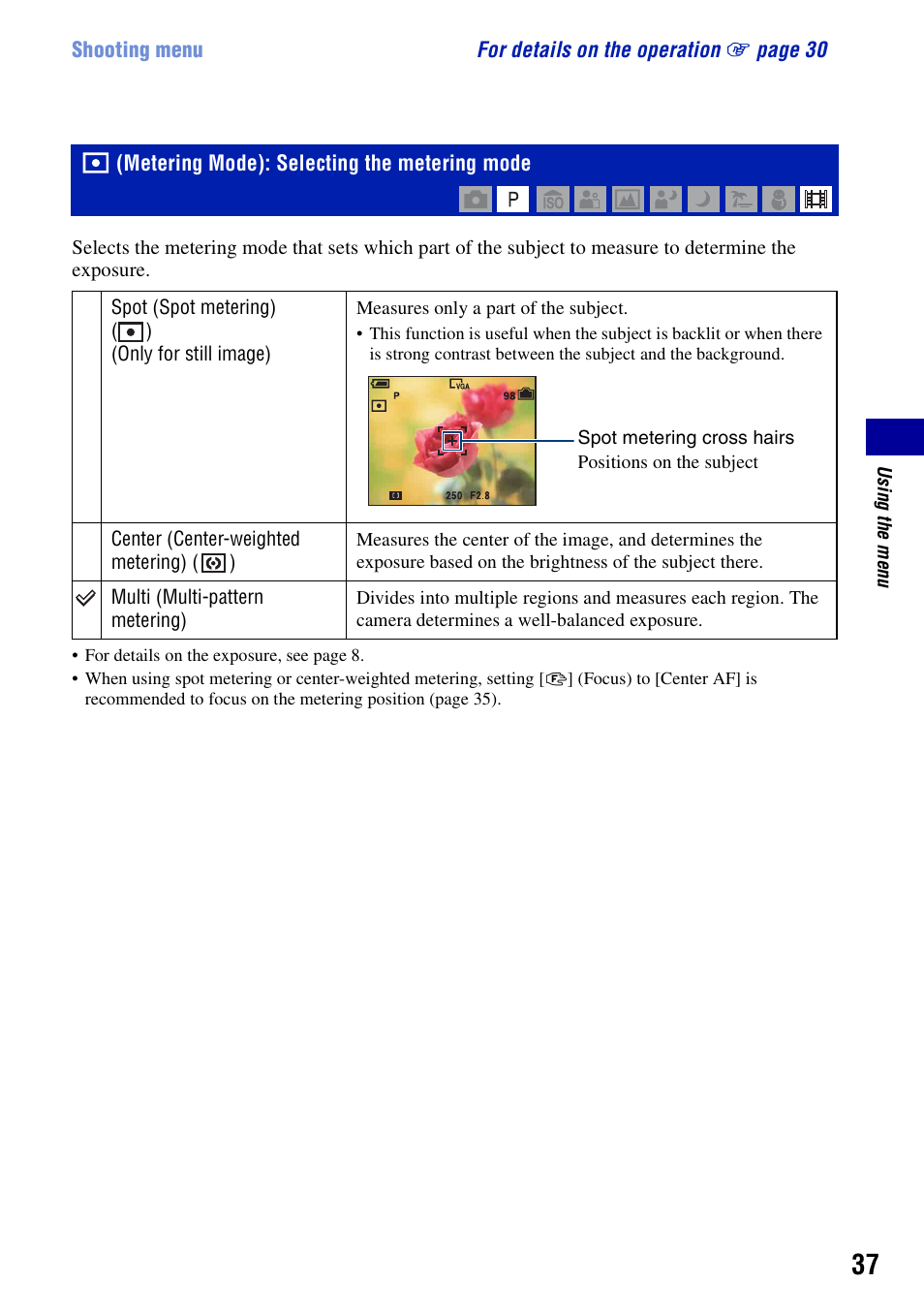 Metering mode: selecting the metering mode, Metering mode): selecting the metering mode | Sony DSC-S780 User Manual | Page 37 / 102