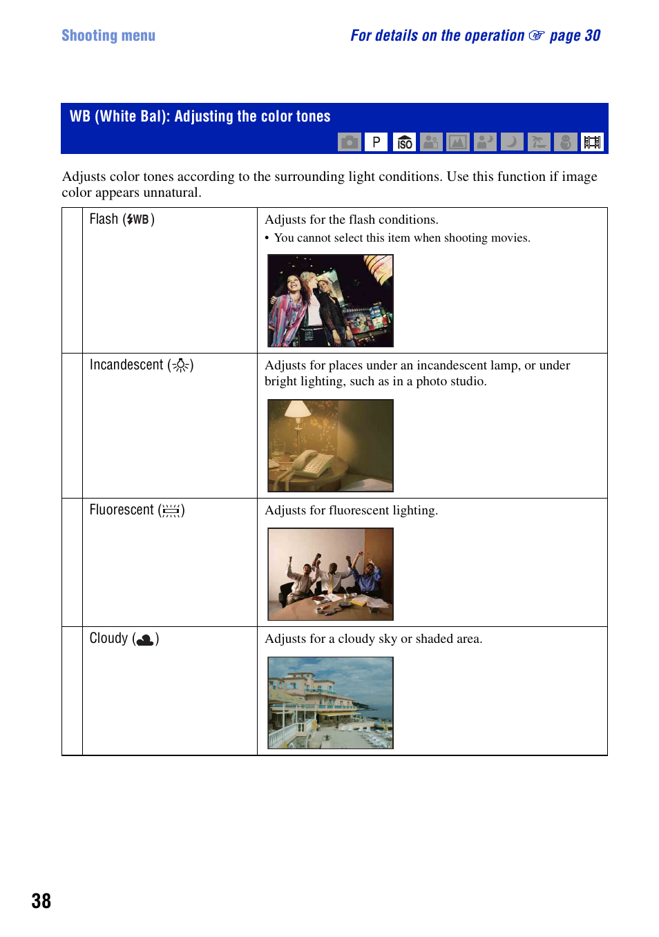 White bal: adjusting the color tones, Wb (white bal): adjusting the color tones | Sony DSC-S780 User Manual | Page 38 / 102