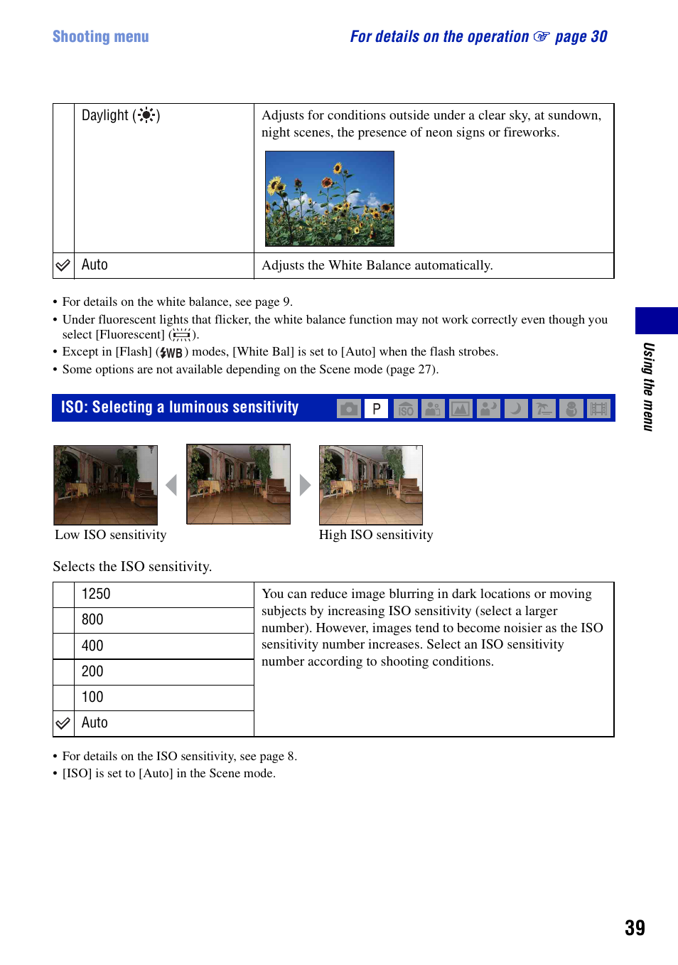 Iso: selecting a luminous sensitivity | Sony DSC-S780 User Manual | Page 39 / 102