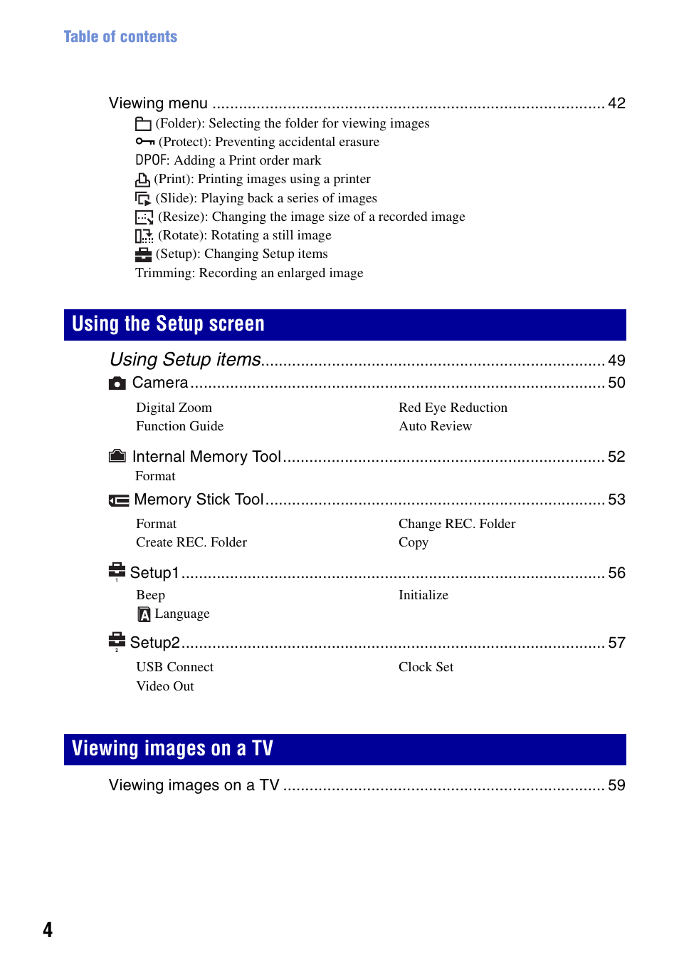 Using the setup screen viewing images on a tv, Using setup items | Sony DSC-S780 User Manual | Page 4 / 102