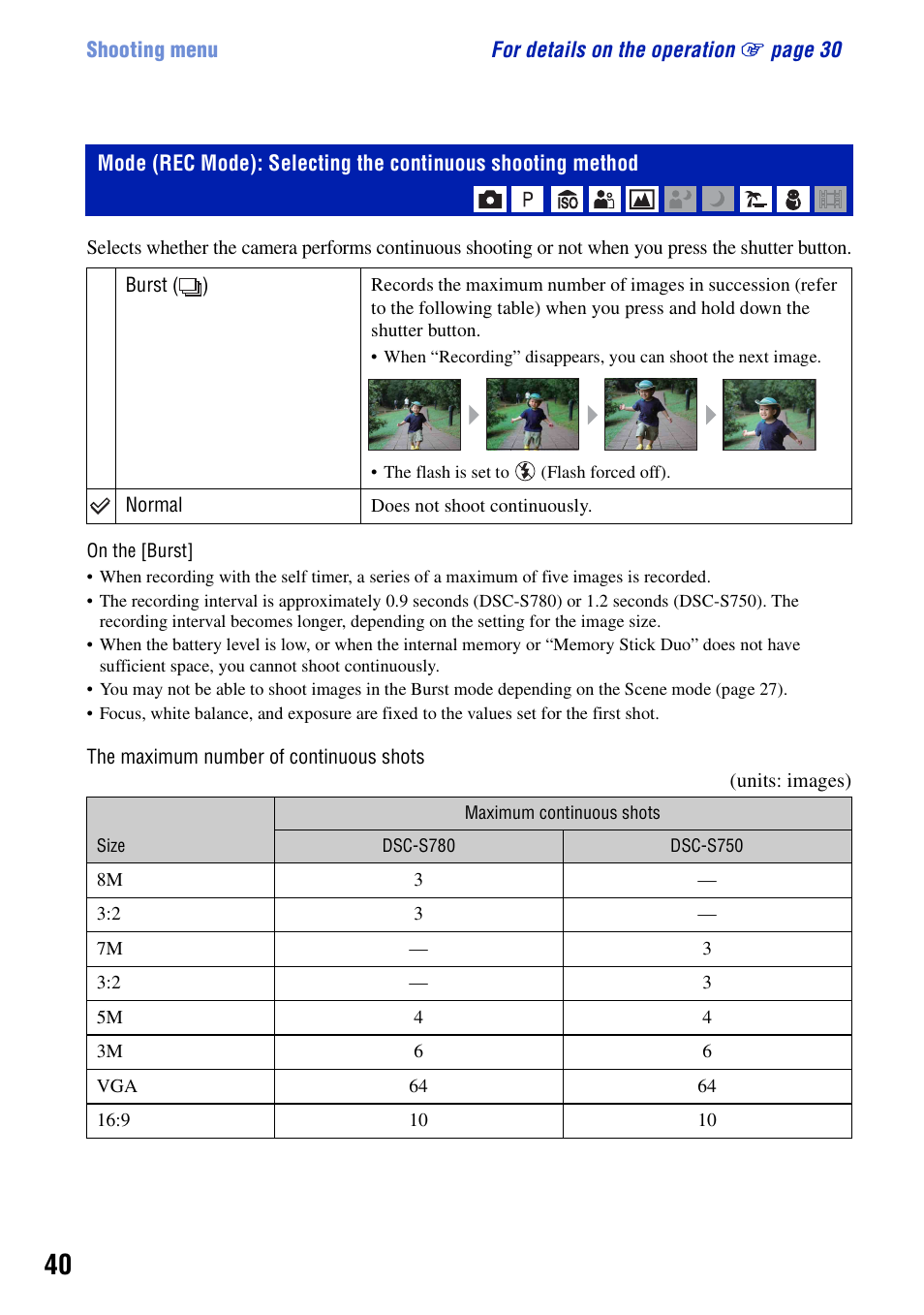 Rec mode: selecting the continuous shooting method | Sony DSC-S780 User Manual | Page 40 / 102