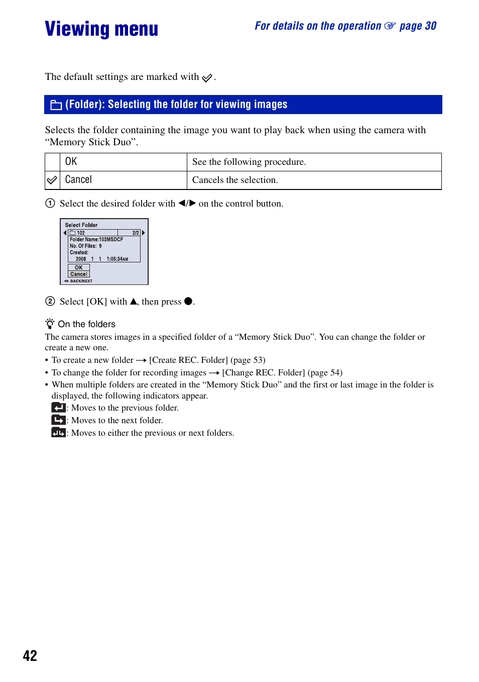 Viewing menu, Folder: selecting the folder for viewing images, Folder): selecting the folder for viewing images | Sony DSC-S780 User Manual | Page 42 / 102