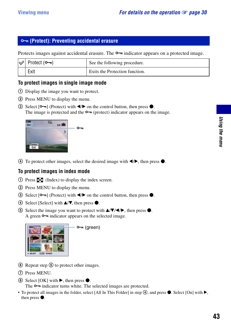 Protect: preventing accidental erasure, Protect): preventing accidental erasure, T (43) | Sony DSC-S780 User Manual | Page 43 / 102