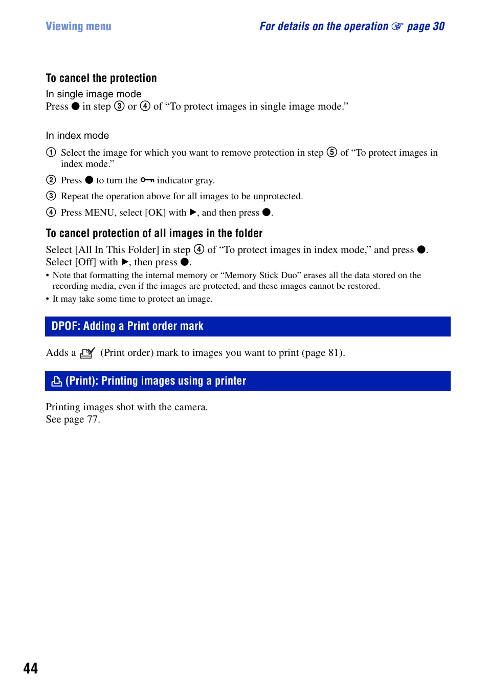 Dpof: adding a print order mark, Print: printing images using a printer, Print): printing images using a printer | Sony DSC-S780 User Manual | Page 44 / 102