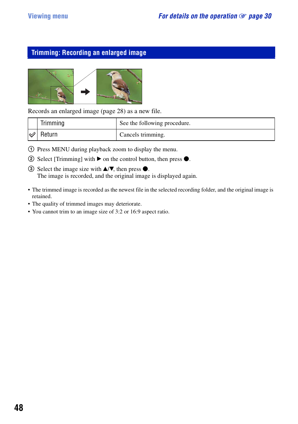 Trimming: recording an enlarged image | Sony DSC-S780 User Manual | Page 48 / 102