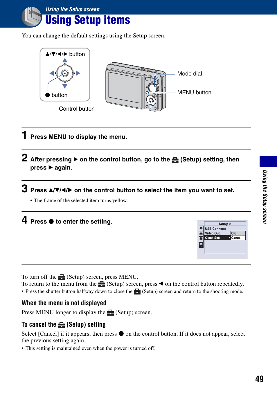 Using the setup screen, Using setup items | Sony DSC-S780 User Manual | Page 49 / 102