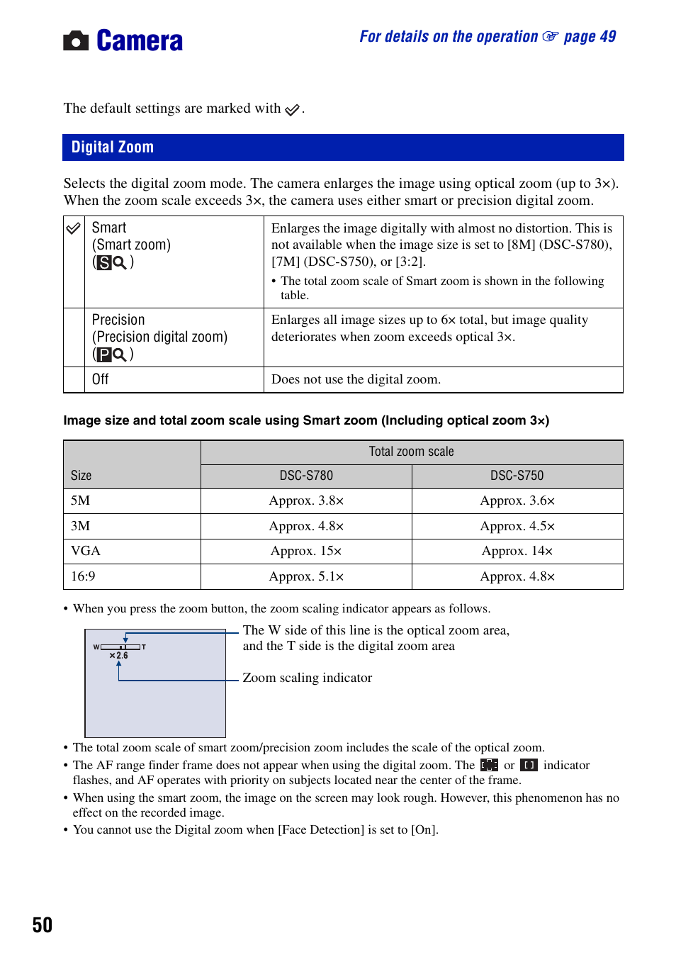 Camera, Digital zoom | Sony DSC-S780 User Manual | Page 50 / 102