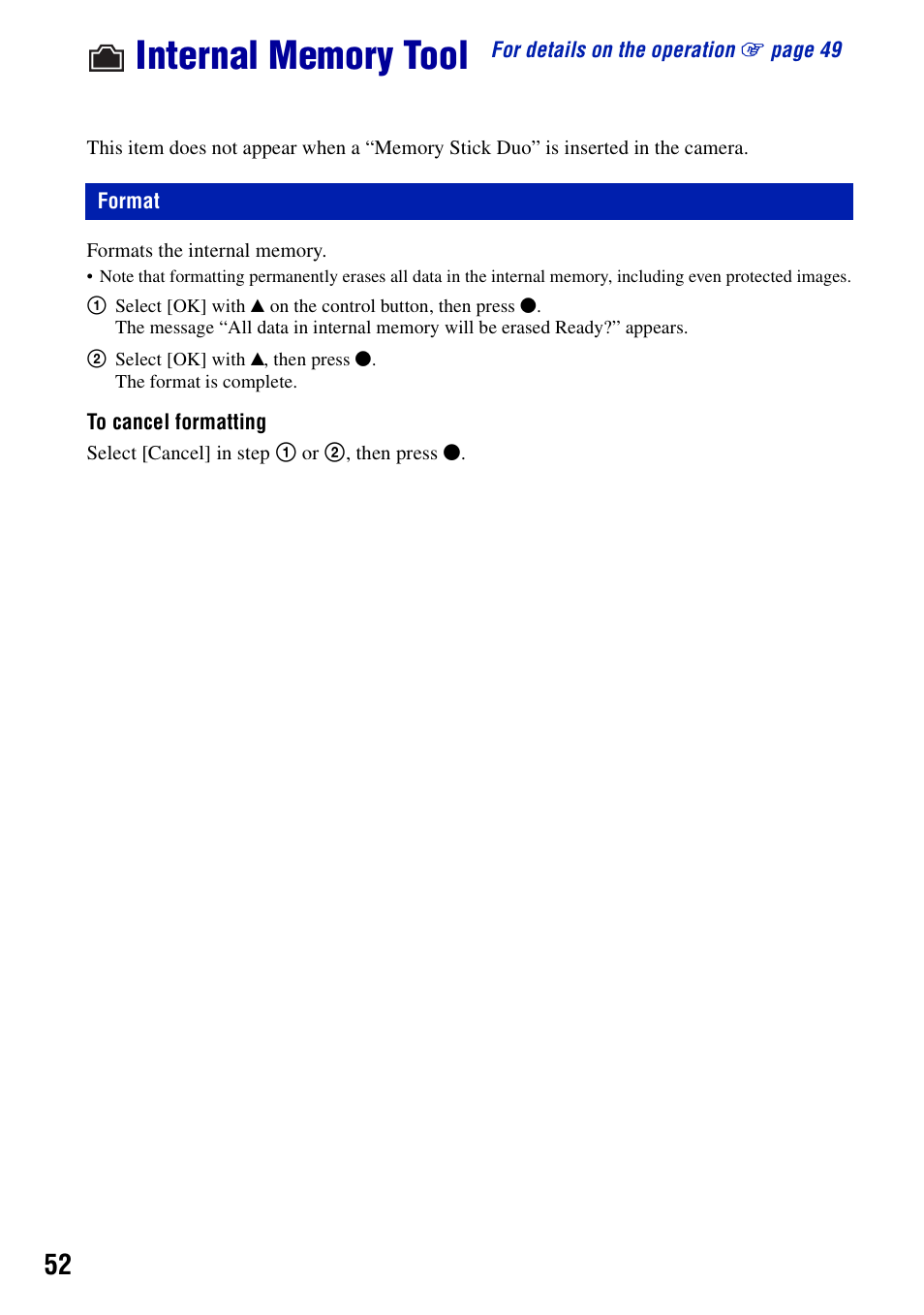 Internal memory tool, Format | Sony DSC-S780 User Manual | Page 52 / 102