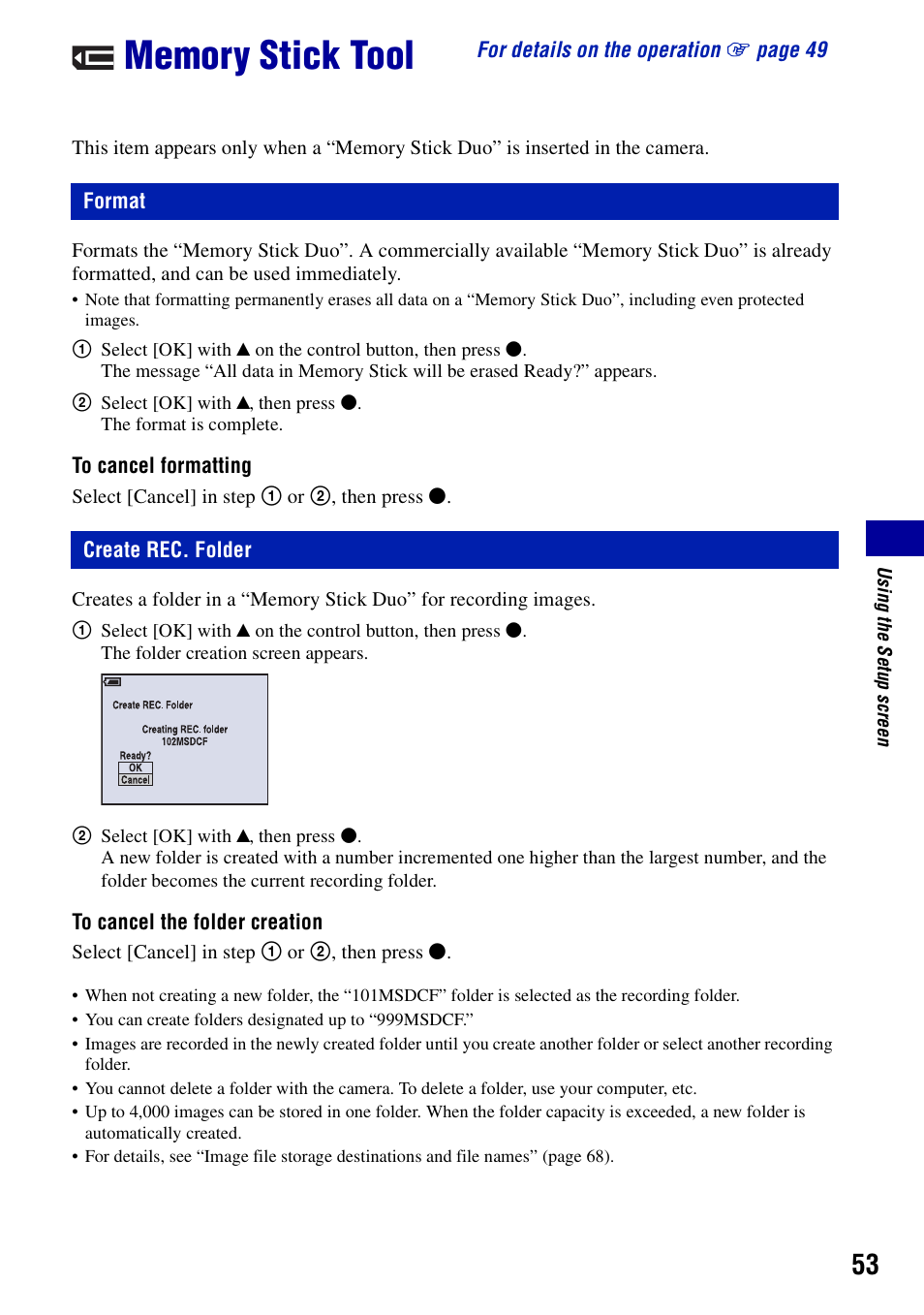 Memory stick tool, Format, Create rec. folder | Format create rec. folder | Sony DSC-S780 User Manual | Page 53 / 102