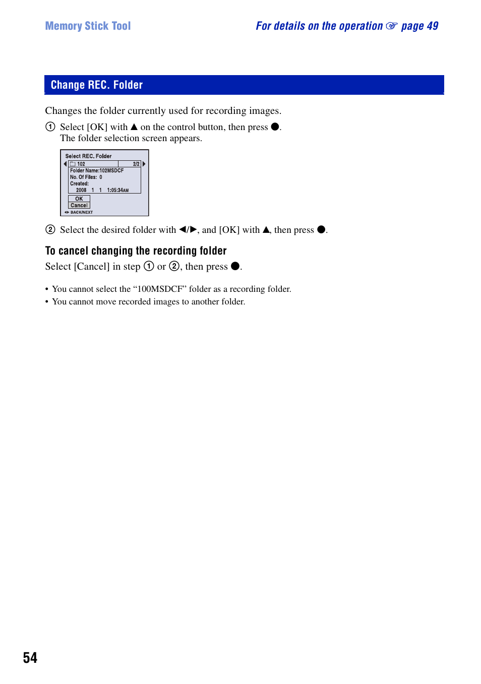 Change rec. folder | Sony DSC-S780 User Manual | Page 54 / 102