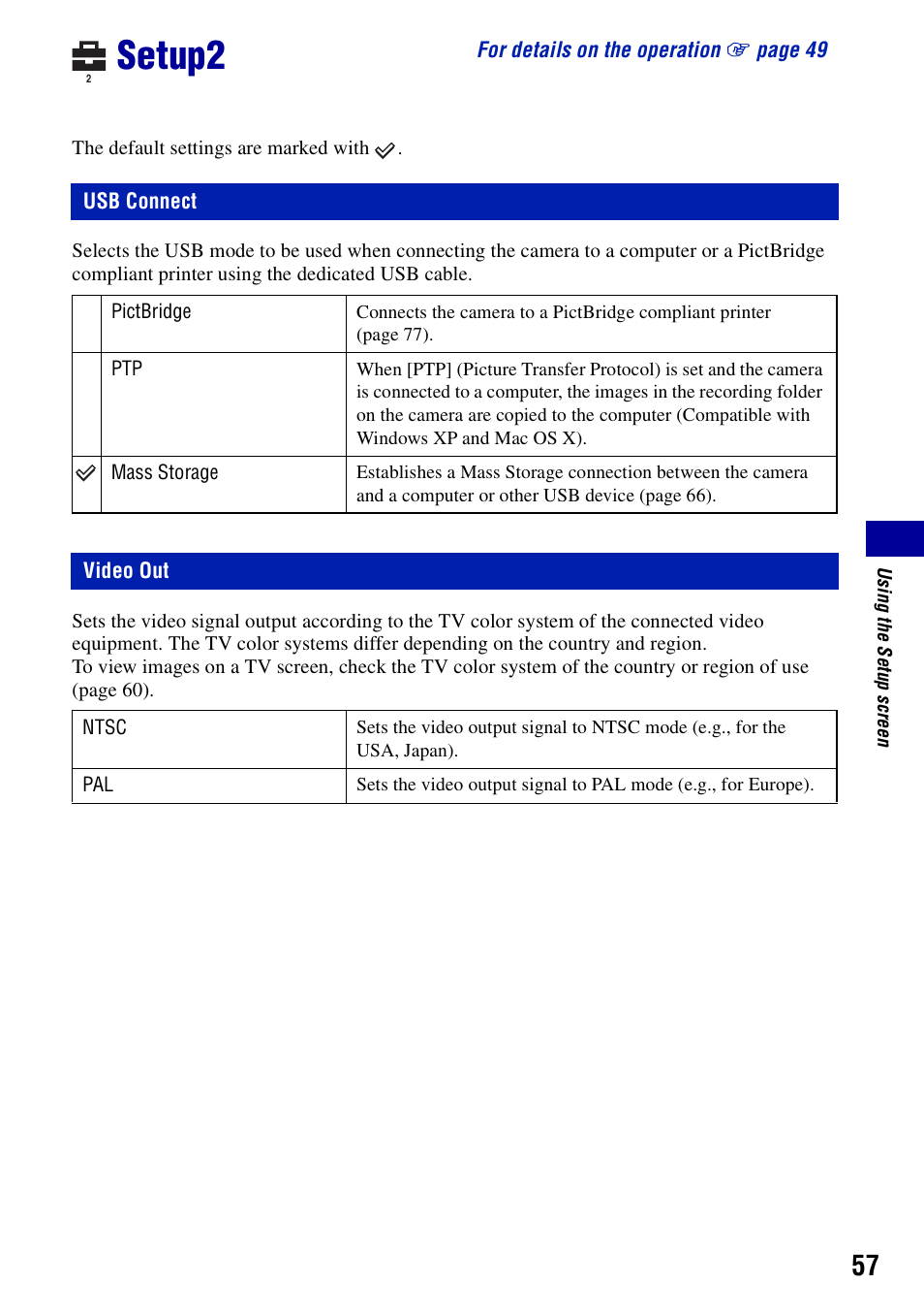 Setup2, Usb connect, Video out | Usb connect video out | Sony DSC-S780 User Manual | Page 57 / 102