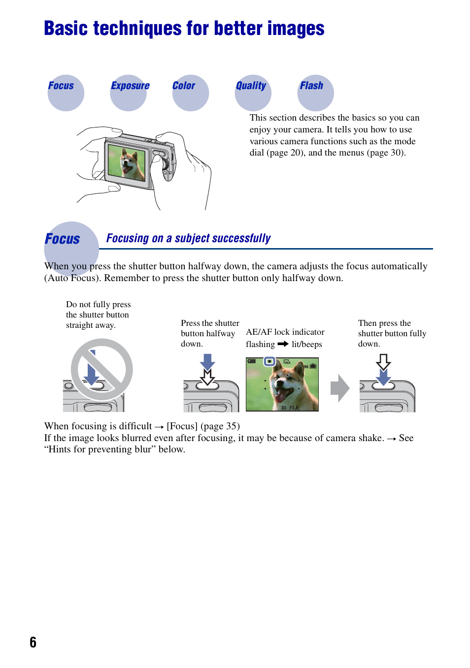 Basic techniques for better images, Focus, Focus – focusing on a subject successfully | Sony DSC-S780 User Manual | Page 6 / 102