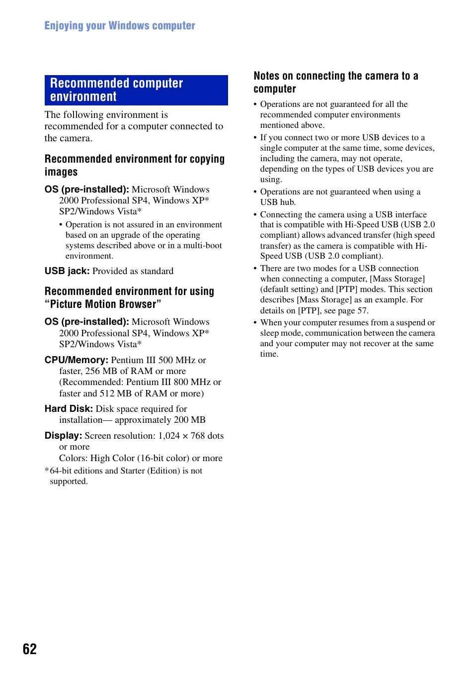 Recommended computer environment | Sony DSC-S780 User Manual | Page 62 / 102