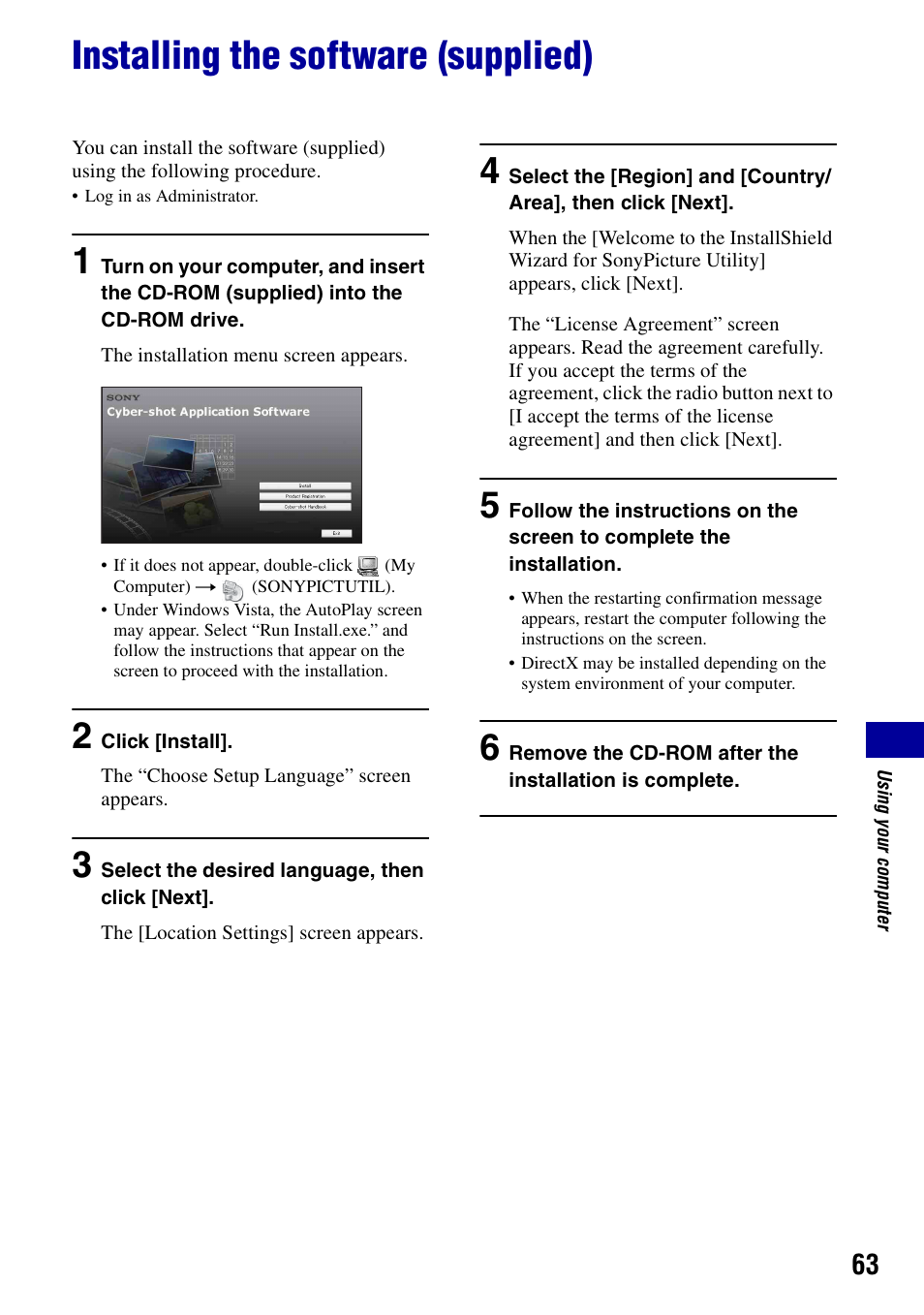 Installing the software (supplied) | Sony DSC-S780 User Manual | Page 63 / 102