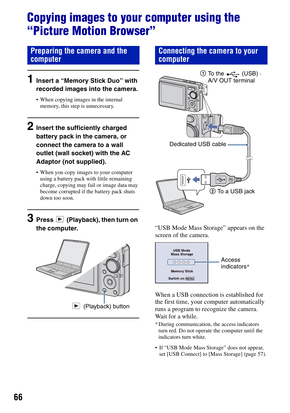 S 66, Preparing the camera and the computer, Connecting the camera to your computer | Sony DSC-S780 User Manual | Page 66 / 102