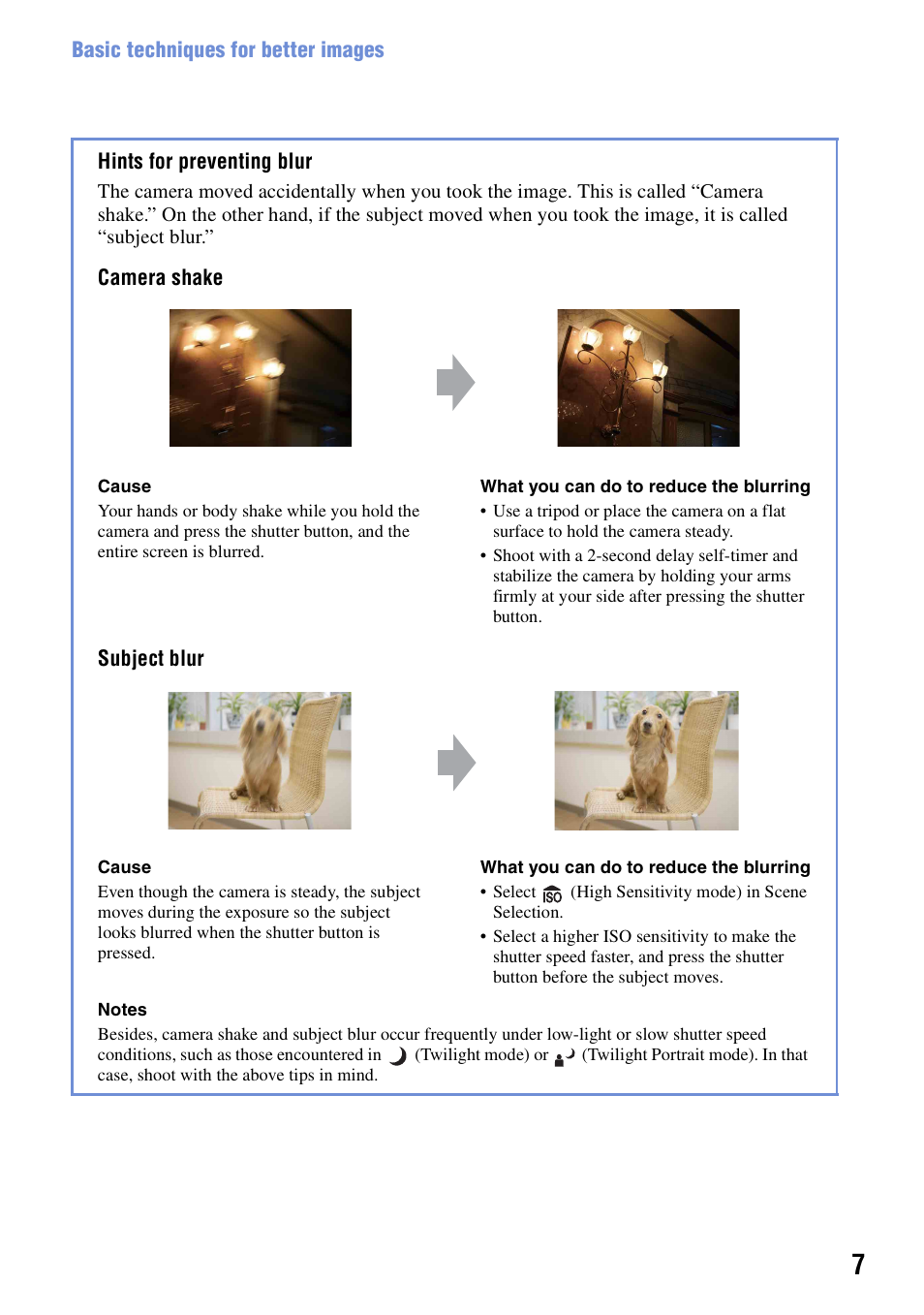 Hints for preventing blur | Sony DSC-S780 User Manual | Page 7 / 102