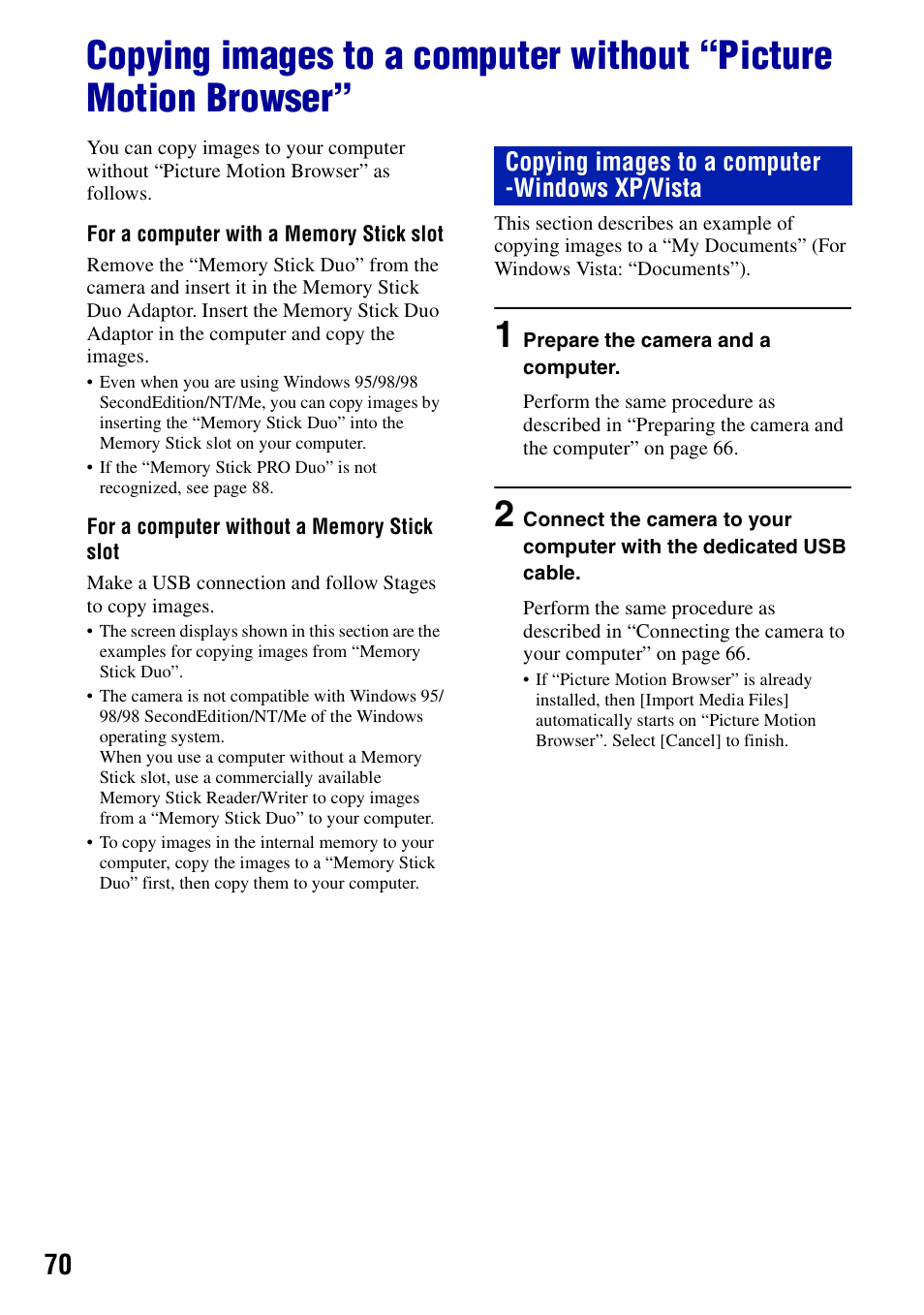 Copying images to a computer -windows xp/vista | Sony DSC-S780 User Manual | Page 70 / 102