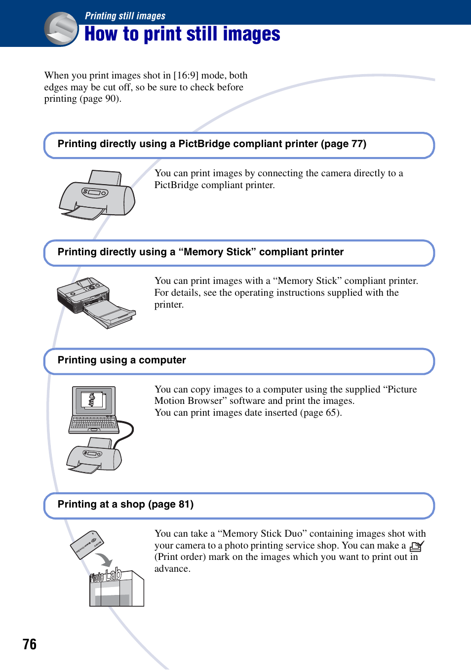 Printing still images, How to print still images | Sony DSC-S780 User Manual | Page 76 / 102