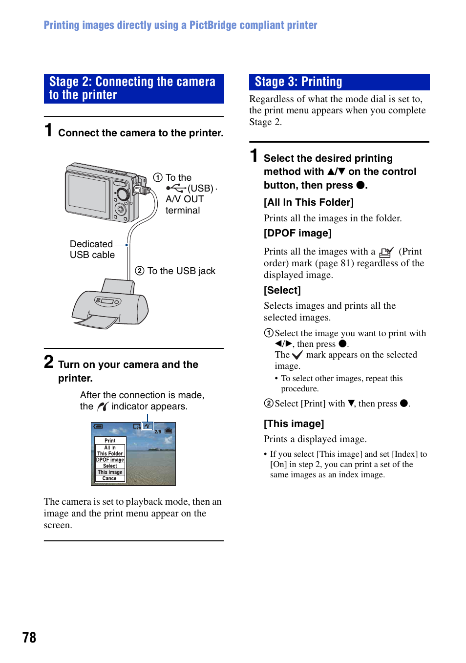 Stage 2: connecting the camera to the printer, Stage 3: printing | Sony DSC-S780 User Manual | Page 78 / 102