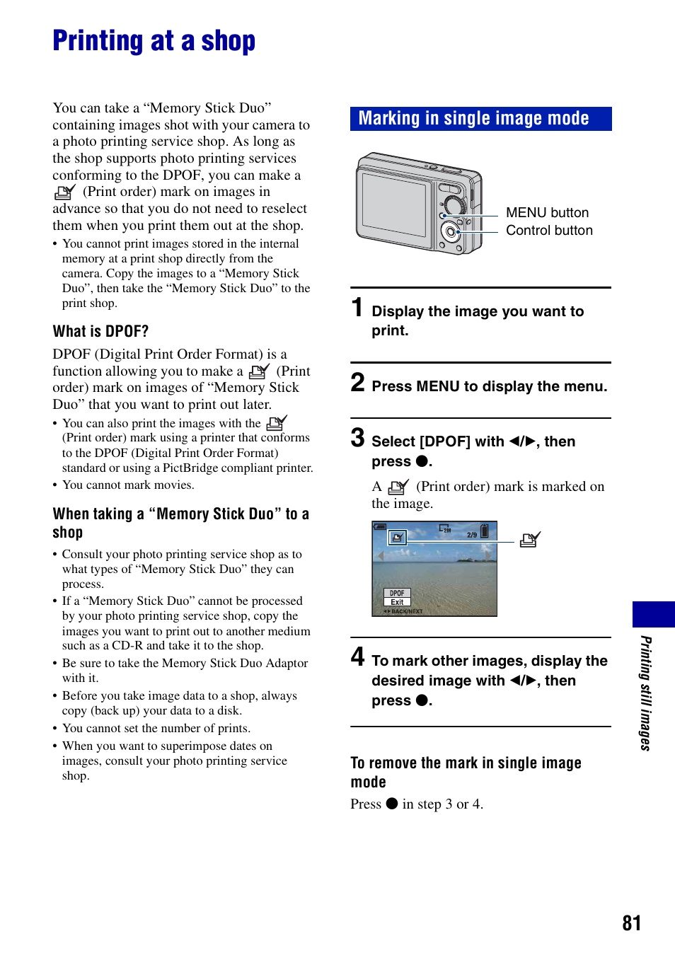 Printing at a shop, Marking in single image mode | Sony DSC-S780 User Manual | Page 81 / 102