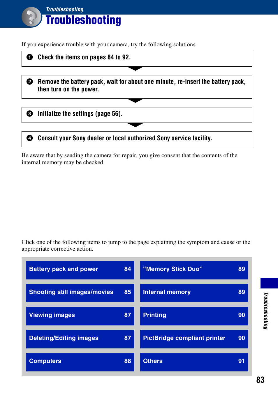 Troubleshooting | Sony DSC-S780 User Manual | Page 83 / 102