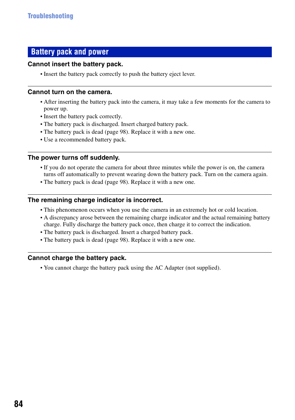 Battery pack and power | Sony DSC-S780 User Manual | Page 84 / 102