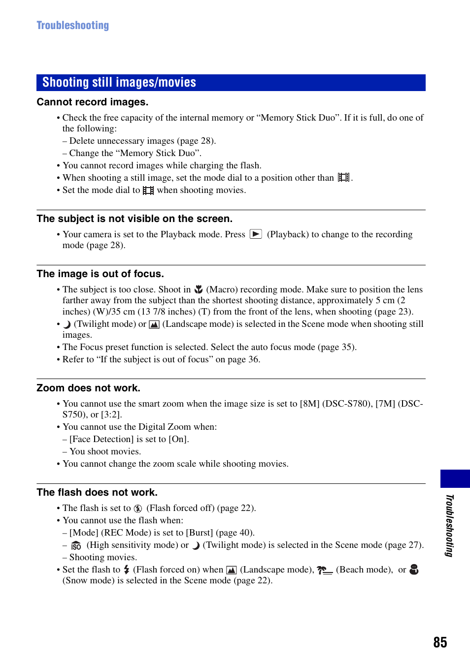 Shooting still images/movies | Sony DSC-S780 User Manual | Page 85 / 102