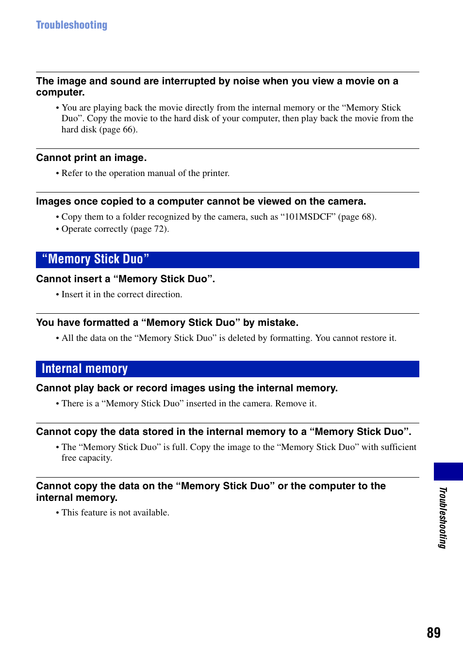 Memory stick duo, Internal memory | Sony DSC-S780 User Manual | Page 89 / 102