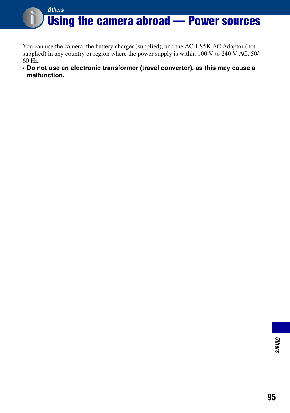 Others, Using the camera abroad - power sources, Using the camera abroad — power sources | Sony DSC-S780 User Manual | Page 95 / 102