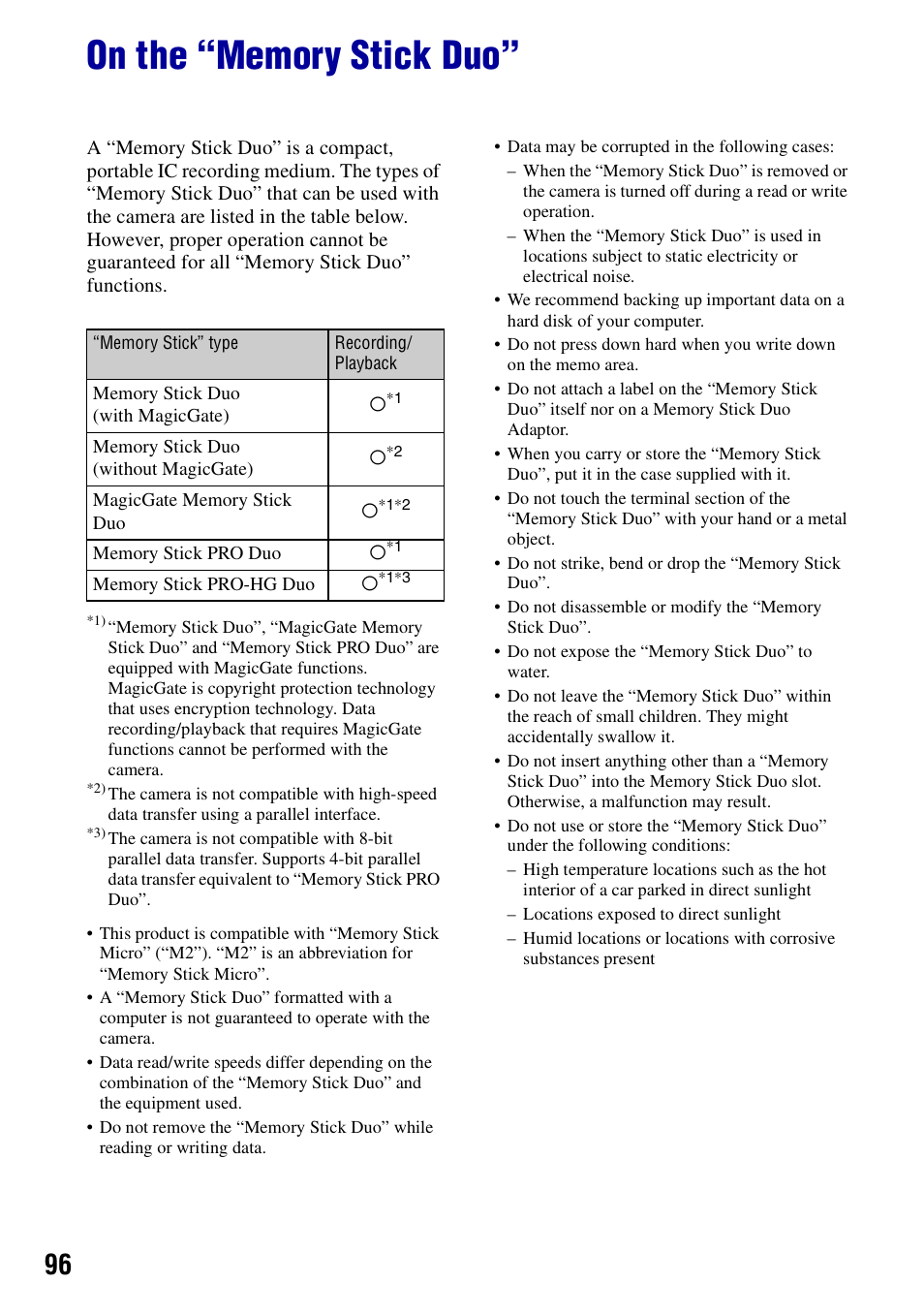 On the “memory stick duo | Sony DSC-S780 User Manual | Page 96 / 102