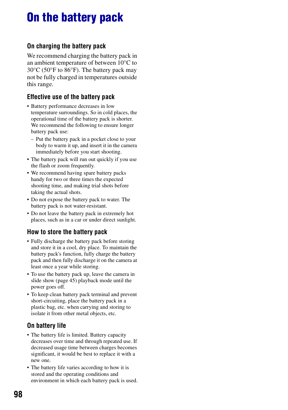 On the battery pack | Sony DSC-S780 User Manual | Page 98 / 102