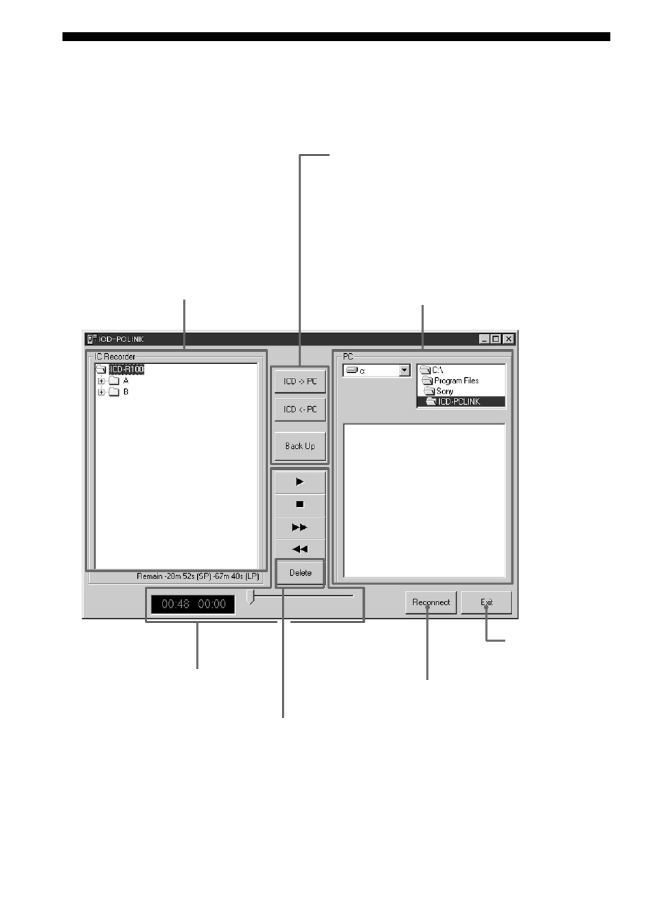 Names and functions of the main window | Sony ICD-R100PC User Manual | Page 16 / 60