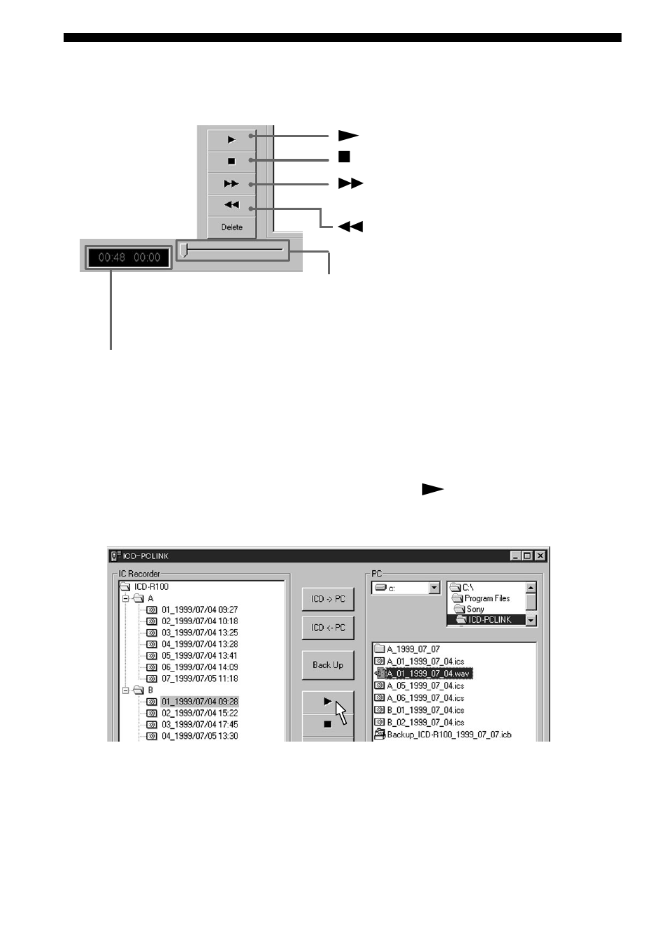 Names and functions of the main window (continued) | Sony ICD-R100PC User Manual | Page 18 / 60