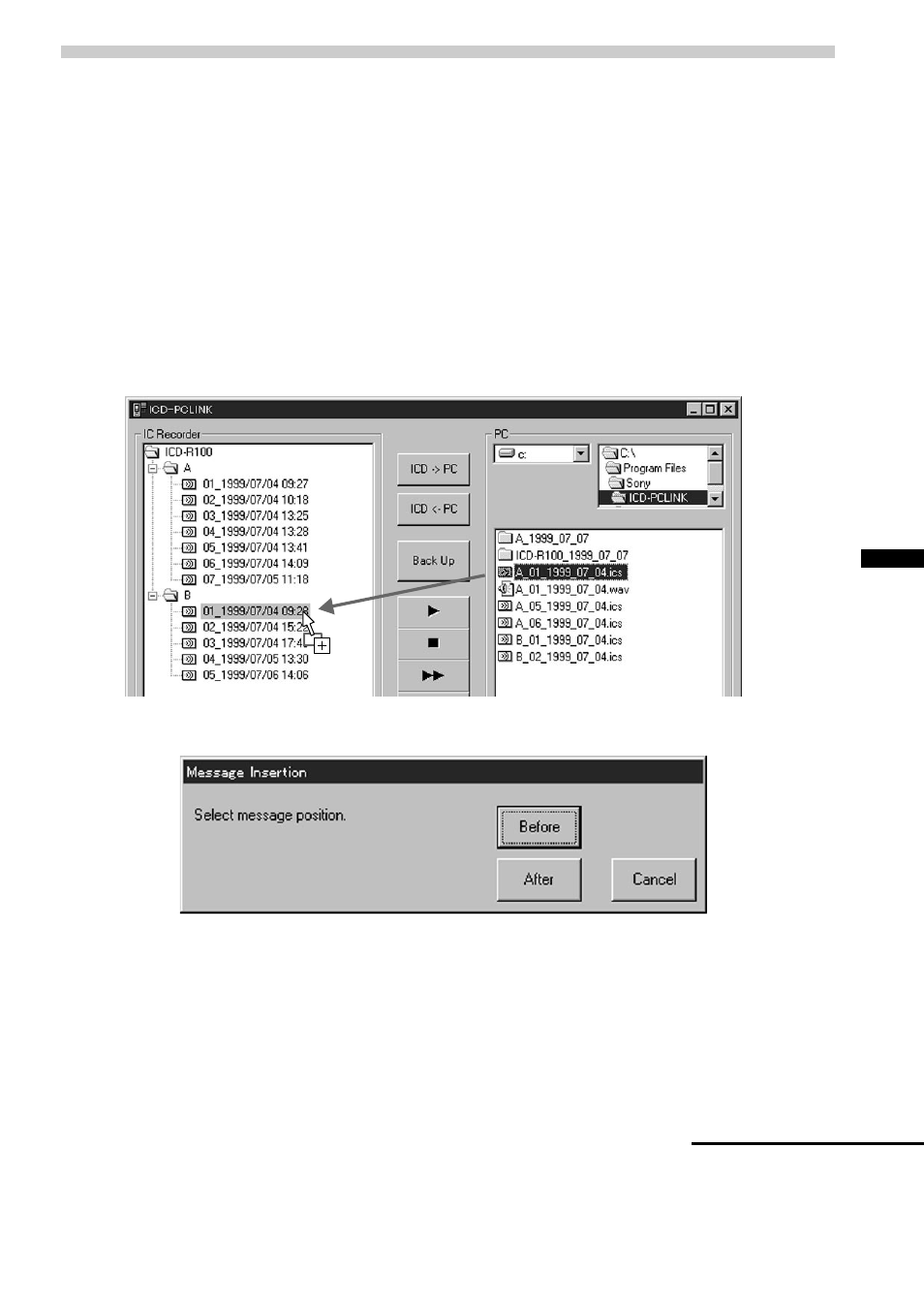 Transferring sound files one by one | Sony ICD-R100PC User Manual | Page 31 / 60