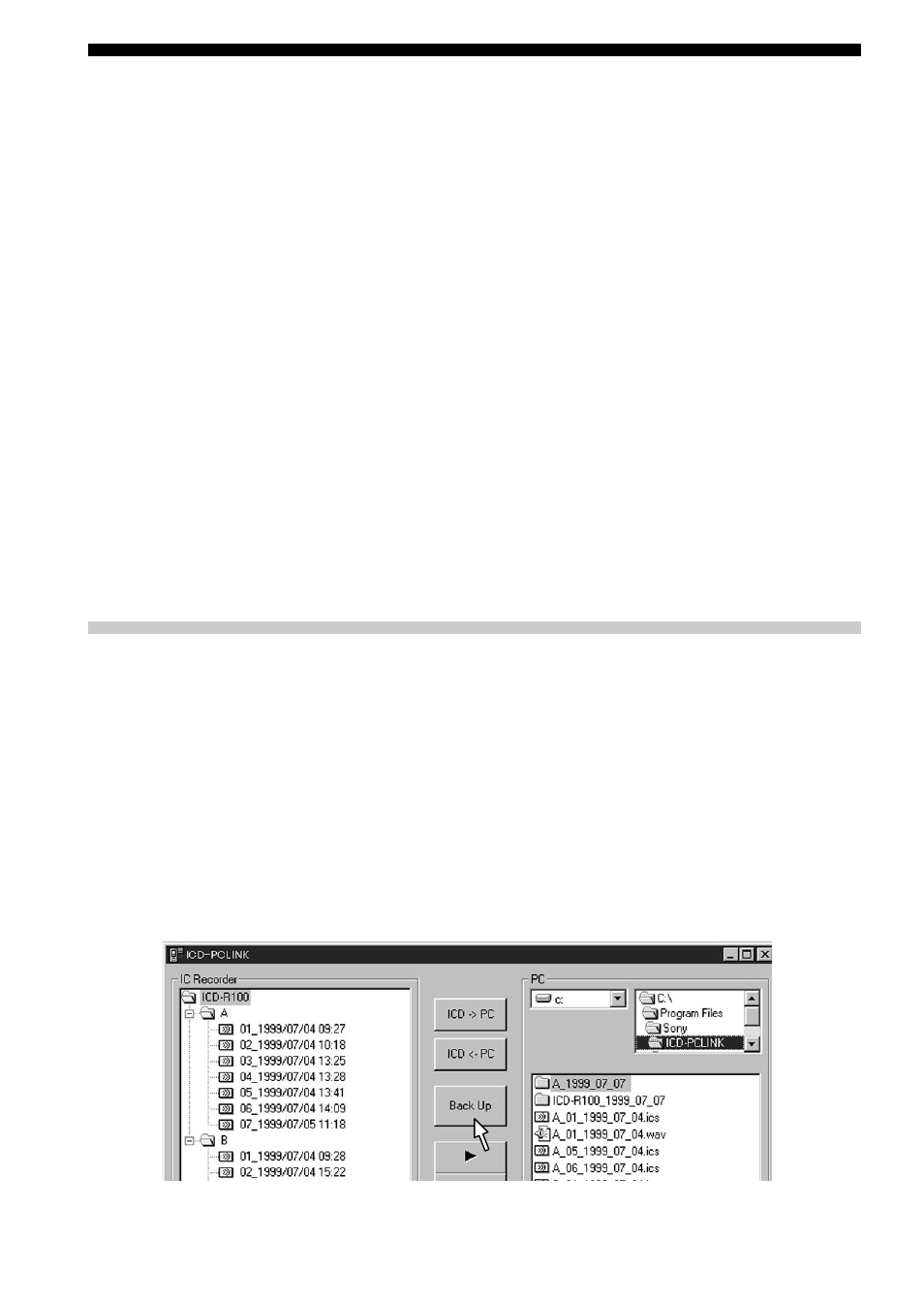 Saving a backup of the ic recorder (“back up”), Saving a backup (icb) file to the computer | Sony ICD-R100PC User Manual | Page 42 / 60