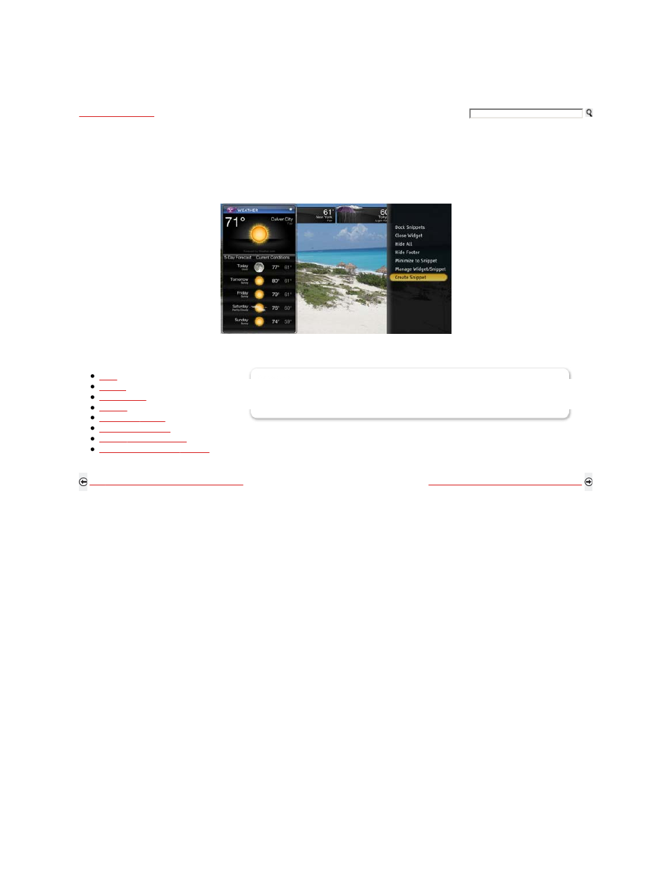 Bravia internet widgets, Snippets options menu | Sony KDL-40XBR9 User Manual | Page 119 / 346