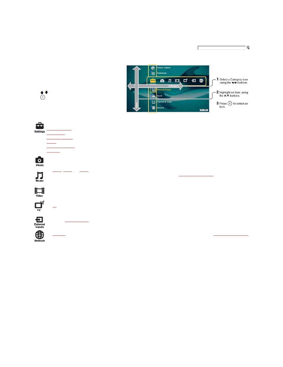 4 tv home menu.pdf, Tv home menu, Category icons | Sony KDL-40XBR9 User Manual | Page 200 / 346