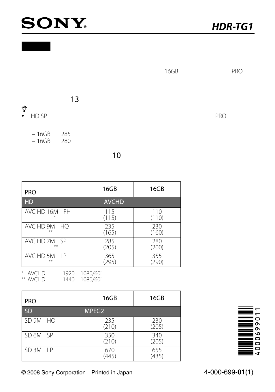 Sony HDR-TG1 User Manual | 2 pages