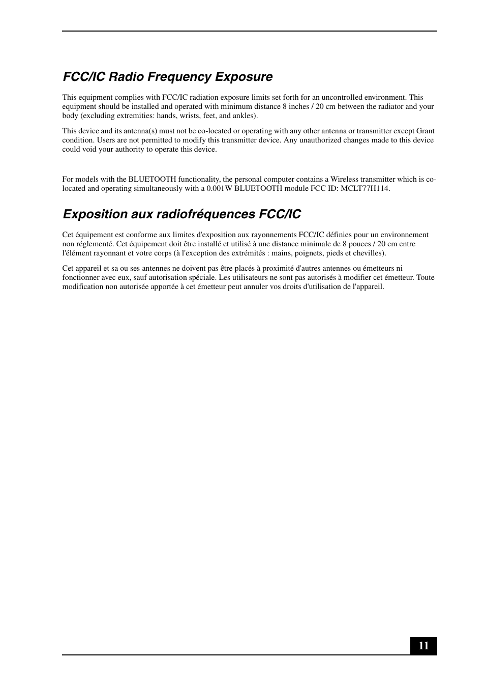 Fcc/ic radio frequency exposure, Exposition aux radiofréquences fcc/ic | Sony VPCCB17FX User Manual | Page 11 / 32