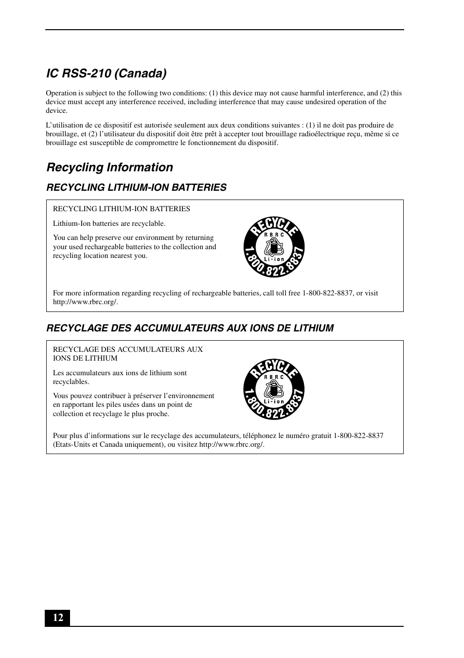 Ic rss-210 (canada), Recycling information | Sony VPCCB17FX User Manual | Page 12 / 32