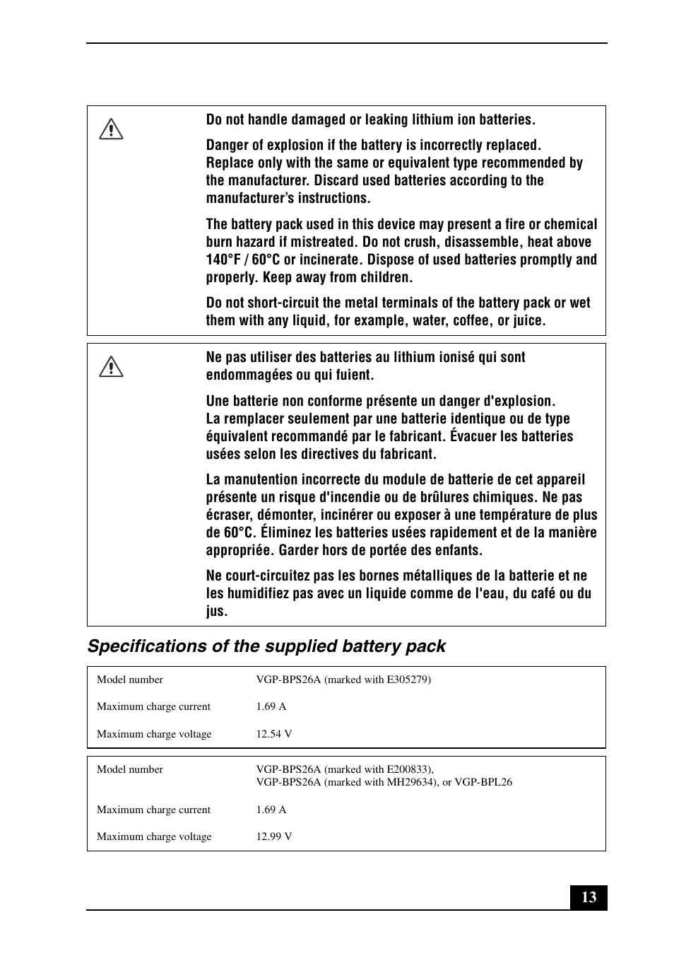 Specifications of the supplied battery pack | Sony VPCCB17FX User Manual | Page 13 / 32